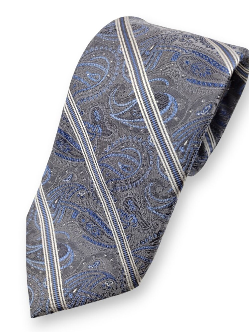 Pronto Uomo Couture Silver Blue Paisley 100% Silk Handmade Tie 3.25 x 64.5